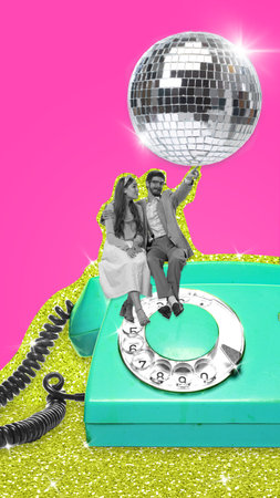 Cute, loving young couple, man and woman sitting on retro phone under disco ball. Party invitation. Contemporary art collage. Concept of party, leisure time, celebration, event, joy, youth. Adの写真素材