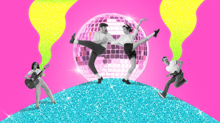 Joyful, positive, happy young man and woman expressively dancing and playing guitar at disco party. Contemporary art collage. Concept of party, leisure time, celebration, event, joy, youth. Adの写真素材