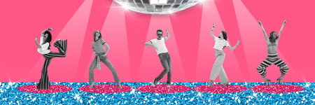 Group of young people, friends having fun together at disco party, dancing. Visiting club....
