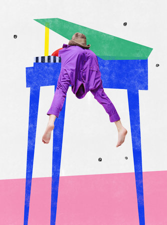 Extraordinary position. Young girl lying into piano. Diving into music flow. Colorful abstract...