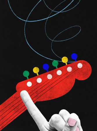 Female hand and guitar over black background. Tune guitar sound. Contemporary art collage. Concept...