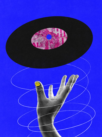 Female hand and retro vinyl player against blue background. Turning on the music. Contemporary art...