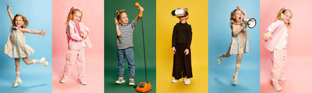 Collage made of full-length portraits of little cute girl, child posing with different emotions against multicolored studio backgrounds. Concept of childhood, emotions, lifestyle, fashion, joy. Adの写真素材