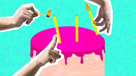 Human hands putting candles on cake. Celebration, cheerful events, fun and joy. Contemporary artwork. Concept of leisure time, party, celebration, inspiration, business, ad. Creative colorful designの写真素材