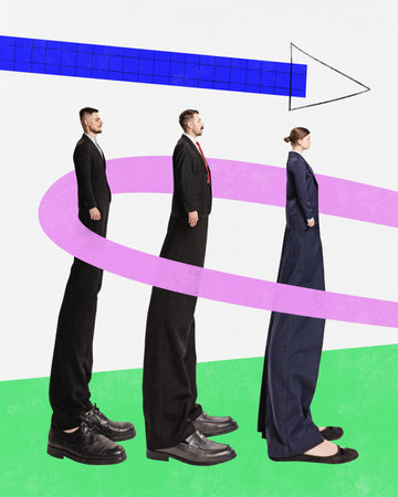 Direction to success. Ambitions, motivated employees, office workers standing on line, looking forward. Contemporary art collage Concept of business, office and career, creativity, teamwork, strategyの写真素材