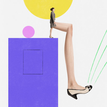 Taking professional risks. Young businesswoman stepping in new direction to grow company success. Contemporary art collage.. Concept of business, office, career, creativity, innovationsの写真素材