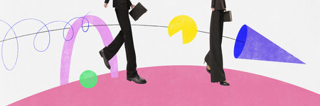 Way to success. Business people working together, making projects leading presentation. Professional cooperation. Contemporary art collage. Concept of business, office, career, creativityの写真素材