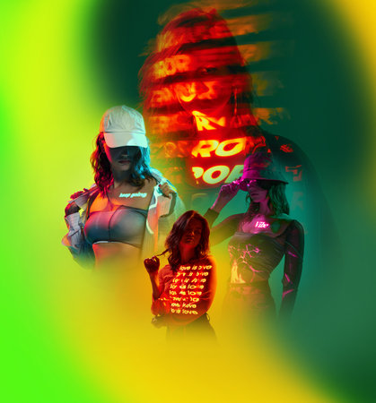 Poster wth portraits of young stylish girl posing over gradient yellow-green background with neon mixed light worlds, lettering. Concept of contemporary art, youth fashion, cyberpunk, futurism.の写真素材