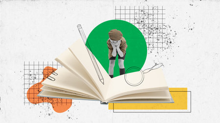 Surprised kid looking at big book. Contemporary art collage. Concept of back to school, happy...