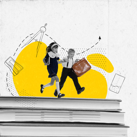 Happy pupils running to school. Contemporary art collage. Concept of back to school, happy...