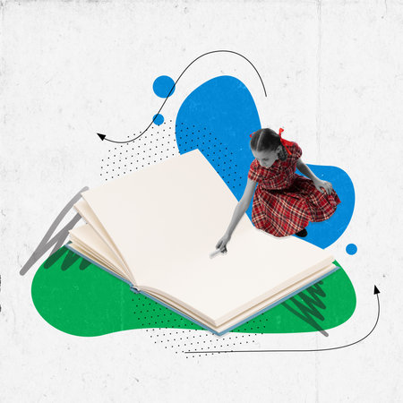 Charm little girl sitting near huge notebook with white paper sheets. Contemporary art collage. Concept of back to school, happy childhood, education, studying, emotions, ad.の写真素材