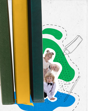 First graders in anticipation of the new school year. Contemporary art collage. Concept of back to...