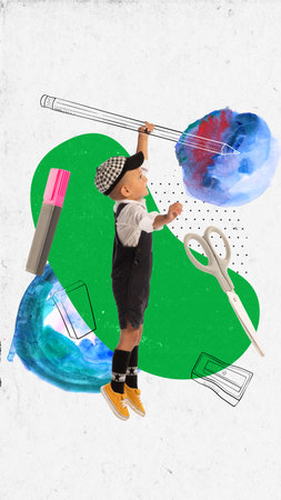 Happy kid drawing with drawn pencil. Contemporary art collage. Concept of back to school, funny childhood, education, studying, emotions, ad. Colorful minimalismの写真素材