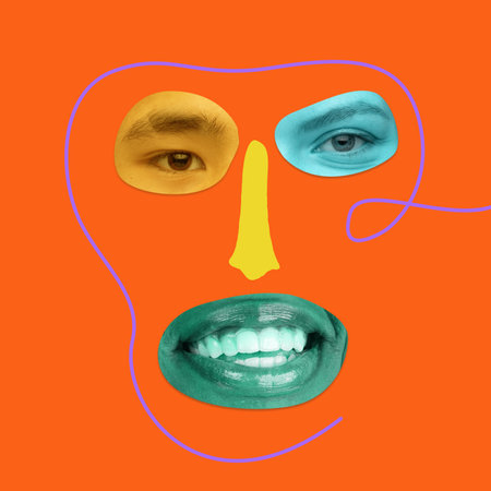 Pleasure. Facial expression made of diverse people face parts. Combination of multiethnic people. Contemporary art collage. Concept of diversity, self-expression, emotions. Vivid neon colorsの写真素材