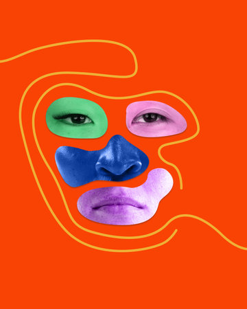 Sadness. Facial expression made of diverse people face parts. Combination of multiethnic people. Contemporary art collage. Concept of diversity, self-expression, emotions. Vivid neon colorsの写真素材