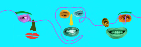 Human faces, facial expressions made of diverse people face parts. Contemporary art collage. Concept of diversity, self-expression, emotions. Vivid neon colors. Horizontal bannerの写真素材