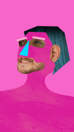 Surreal portrait. Facial expression made of diverse people face parts. Combination of multiethnic people. Contemporary art collage. Concept of diversity, self-expression, emotions. Vivid neon colorsの写真素材