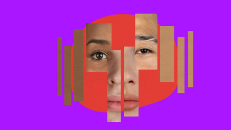 Diversity. Human face made of diverse people face parts. Combination of multiethnic people. Contemporary art collage. Concept of unity, rights, self-expression, emotions.の写真素材
