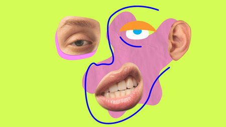 Ignor. Facial expression made of diverse people face parts. Combination of multiethnic people. Contemporary art collage. Concept of diversity, self-expression, emotions. Vivid neon colorsの写真素材