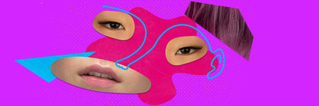 Calmness. Facial expression made of diverse people face parts. Combination of multiethnic people. Contemporary art collage. Concept of diversity, self-expression, emotions. Vivid neon colorsの写真素材