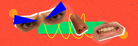 Anger. Facial expression made of diverse people face parts. Combination of multiethnic people. Contemporary art collage. Concept of diversity, self-expression, emotions. Vivid neon colorsの写真素材