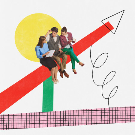 Meeting. Contemporary art collage with business people communicated, doing different things over...