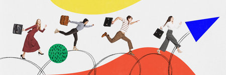 Competition. Active motivated men and women running towards the target. Contemporary art collage. Concept of teamwork, success, goals, careerの写真素材