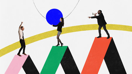 New project. Contemporary art collage with business people communicated, doing different things over colorful background with geometric shapes. Concept of teamwork, success, goals, careerの写真素材