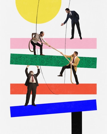 Creative art collage. Modern design. Company employees working on new business projects. Successful...