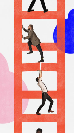 Career ladder. Contemporary art collage with business people climbing upstairs over colorful background with geometric shapes. Concept of teamwork, success, goals, careerの写真素材