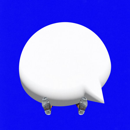 Huge speech bubble and male feet over bright blue background. Contemporary art collage with 3D elements. Concept of business, personal career, ad, sales, achievement. Colorful minimalismの写真素材