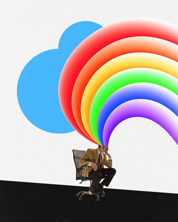 Thoughtful man sitting on chair and dreaming. Contemporary art collage with 3D elements. Concept of business, personal career, ad, sales, achievement. Colorful minimalismの写真素材