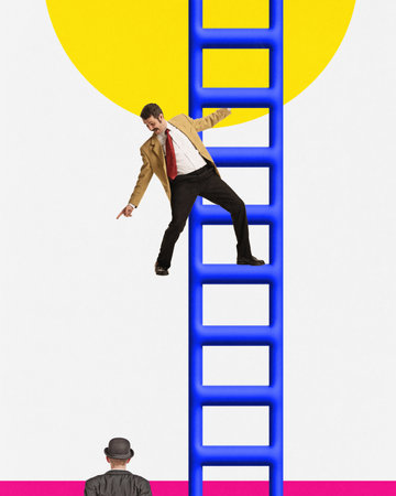 Career ladder. Contemporary art collage with excited business man climbing upstairs. Concept of competition, failure, success, goals, careerの写真素材