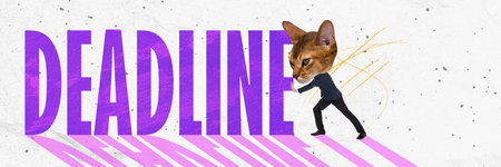 Contemporary art collage. Motivated and ambitious employee with cat muzzle pushing word, finishing deadlines. Concept of business, employment, office lifestyle, success, career. Creative designの写真素材