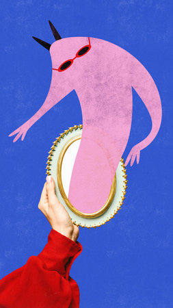 Inner demon. Contemporary art collage with female hand holding small mirror with drawn facial expression over blue background. Doodles, sketches, cartoon drawing style. Human emotionsの写真素材