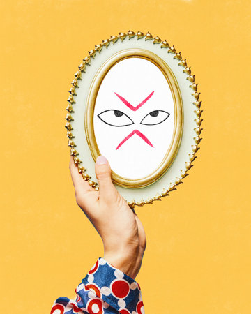 Anger. Contemporary art collage with female hand holding small mirror with drawn facial expression over background. Doodles, sketches, cartoon drawing style. Human emotionsの写真素材