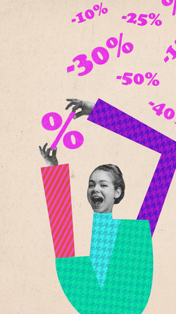 Young emotional girl expressing happiness and joy, holding percentage symbolizing big sales in stores. Contemporary artwork. Concept of Black friday, shopping, business. Poster, ad. Creative designの写真素材