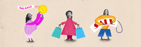 Happy young woman feeling excited about big sales for good shopping. Contemporary art collage. Concept of sales, Black friday, shopping, business. Poster, ad. Creative design. Bannerの写真素材