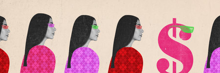 Young beautiful woman going shopping to buy things at lower price.. Gian sales time. Contemporary art collage. Concept of sales, Black friday, shopping, business. Poster, ad. Creative designの写真素材