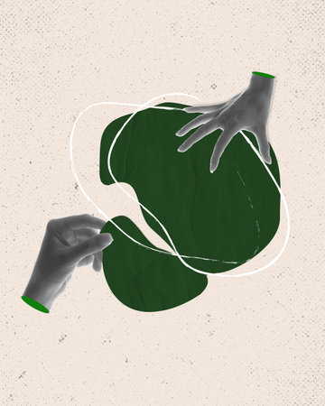 Contemporary art collage. Female hand connecting pieces symbolizing well-coordinated wok, successful strategy and plan. Concept of business, office lifestyle, career development, growth, adの写真素材