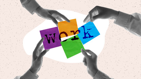 Contemporary art collage. Human hand connecting puzzles and creating word of work. Well-coordinated teamwork. Concept of business, office lifestyle, career development, growth, assistance, adの写真素材