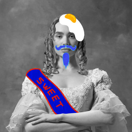Contemporary art collage. Young woman, royal person, queen with drawings on face, moustache and egg. Black and white. Concept of comical art, surrealism, comparison of eras, imagination, adの写真素材