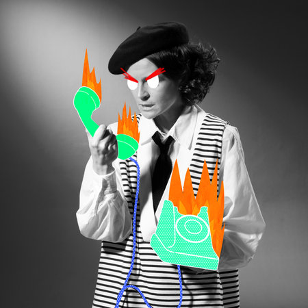 Contemporary art collage. Angry young woman emotionally talking on phone. Burning emotions. Black and white retro portrait. Concept of art, surrealism, comparison of eras, imagination, adの写真素材