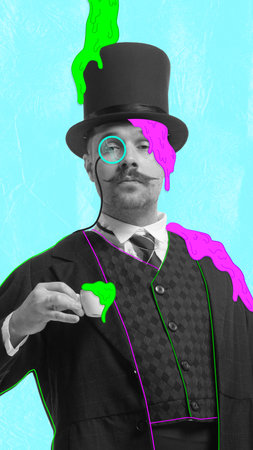 Contemporary art collage. Gentleman in cylinder hat drinking coffee over bright background. Colorful doodles. Concept of art, surrealism, comparison of eras, imagination, adの写真素材