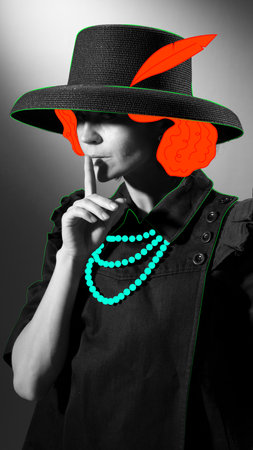 Contemporary art collage. Elegant woman in image of famous fashion designer. Black and white...