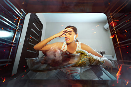 Young woman cooking dinner at home, preparing baked chicken. Overcooked meat. Covering nose in bad smell. View from oven. Concept of culinary, emotions, household, hobby, taste, lifestyleの写真素材