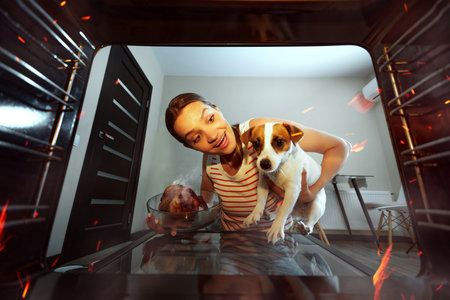 Oops. Young woman with dog cooking dinner at home. Baking chicken. Delicious taste. View from oven. Concept of culinary, emotions, household, hobby, taste, lifestyleの写真素材