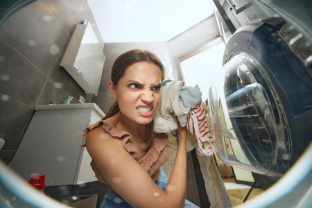 Young woman doing domestic chores, emotionally putting dirty clothes into washer. View from inside of washing machine. Concept of domestic lifestyle, household, cleaning, routineの写真素材
