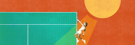 Contemporary art collage. Young girl, professional tennis player in motion, training against abstract background. Concept professional sport, creativity, competition, game. Banner, poster, adの写真素材