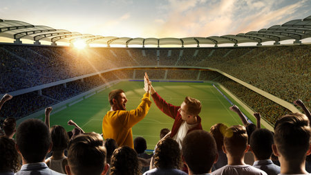 Give me five. Two friends take five each other and enjoying new goal of favourite team at sport arena. Concept of sport, emotions, games, friendship, unity, team, cheer and goals.の写真素材